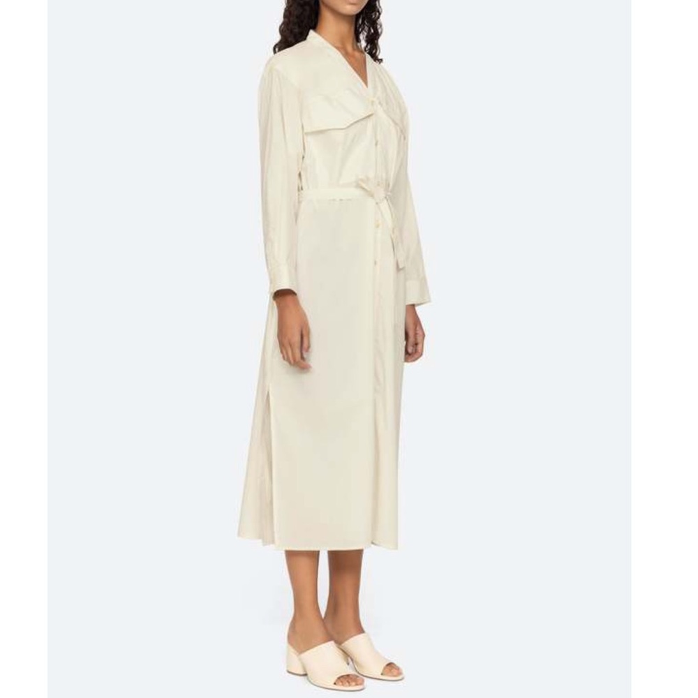 Sea New York Karina Midi Shirt Dress Size M Women Cotton Slit Tie Waist In Cream